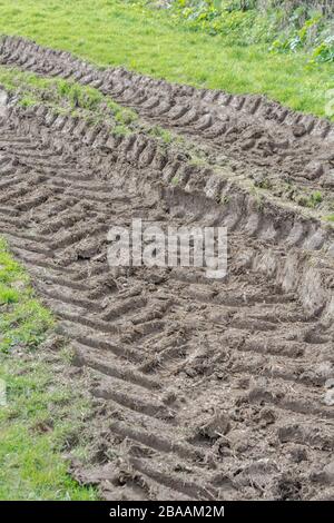 Tiefe Furchen im Schlamm von Traktor Reifen/Reifen auf Gras. Reifen Spuren Spuren, Stick in den Schlamm, matschigen Textur, schlammige Oberfläche, Schlamm, winter Schlamm Stockfoto