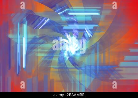 Neon leuchtende Linien und Formen fliegen im Raum. Geometrische Sci-Fi-Struktur. Abstrakt kreativ modernen Hintergrund Stockfoto