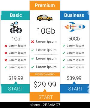 Abbildung der Preistabelle mit Schritten, Überschrift, kreativem Designvektor Stock Vektor