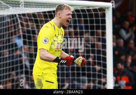 AFC Bournemouths Torhüter Aaron Ramsdale feiert, nachdem AFC Bournemouths Jefferson Lerma (nicht abgebildet) das erste Tor seiner Seite erzielt hat Stockfoto