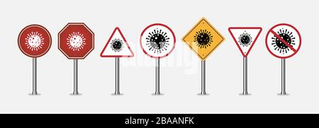 Satz von Corona-Virus-Zeichenvektor. Abbildung der globalen Quarantäne. Covid-19-Symbol auf Fahrkarten. Warnschilder, Virensymbole isoliert Stock Vektor