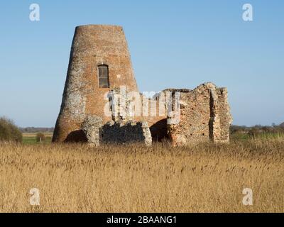 Ruinen einer Windmühle, die in die Ruinen des Torhauses der St Bennett's Abbey, Ludham, der Norfolk Broads, Norfolk, Großbritannien, eingebaut wurde Stockfoto