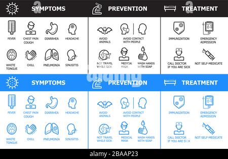 Corona-Virus-Info-Grafik-Vektor. Prävention von COV-2019, Behandlung und Symptome werden gezeigt. Ikonen von Fieber, Chill, Sinusitis, Pneumonie werden in gezeigt Stock Vektor