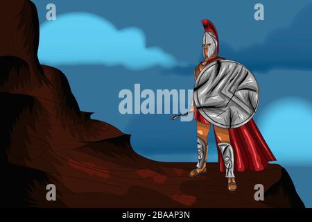 Ein spartanischer Krieger mit Schild und Speer in der Hand steht auf einer Klippe und wacht Stockfoto