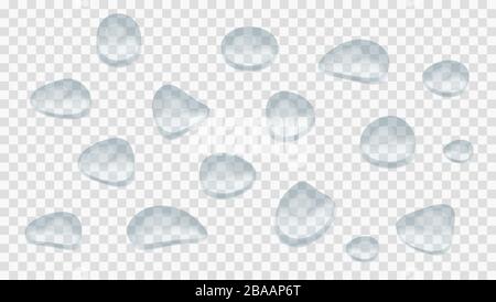 Wassertropfen Vektor isoliert auf transparentem Hintergrund. Satz kristallklarer Wassertropfen. Es werden 3D-Regentropfen angezeigt. Kondensationsfläche oder beschlagen Stock Vektor