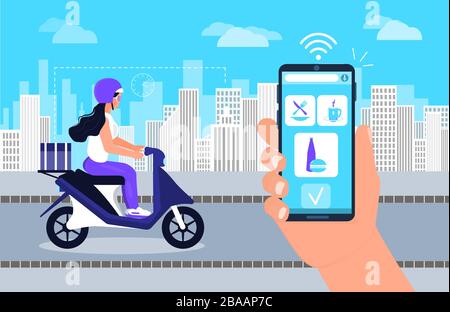 Konzeptvektor für die Lebensmittelzustellung. Bildschirm des Smartphones mit Tracking-App. Lieferfrau fährt Motorrad mit frischer Mahlzeit. Restaurantbestellung Stock Vektor