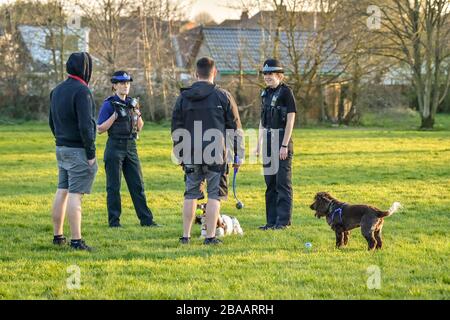 Avon und Somerset Polizeibeamte plaudern mit Hundegängern in einem Park in Bristol, wo sie die Sperrregeln für Coronavirus patrouillieren und durchsetzen. Stockfoto