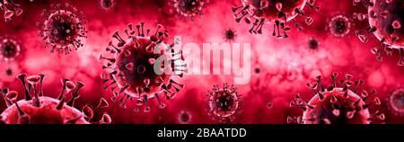 Covid-19-Coronavirus in rotem Hintergrund - Virology Concept 3d Rendering Stockfoto