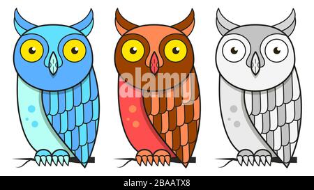 Set mit niedlichen Eulen. Abbildung geeignet für Grußkarten-, Poster- oder T-Shirt-Druck. Stock Vektor