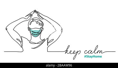 Halten Sie sich ruhig und bleiben Sie nach Hause minimalistische Vektorskizze, dopeln Sie mit dem Mann in Gesichtsmaske Stock Vektor