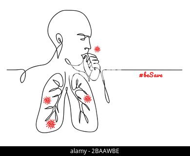 Virus in der Lunge, Person hustet einfache minimalistische Vektorskizze, Doodle, Web-Hintergrund, Poster. Stock Vektor