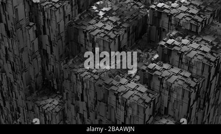 Perspektivische Ansicht closeup 3D-Illustration Konzept von dunkelgrau hoch detailliert scifi futuristisches Architekturmuster, das Stadtbauten oder Spaces ähnelt Stockfoto