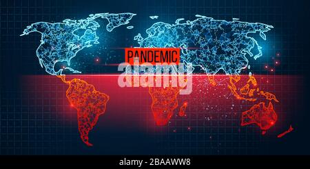 Weltkarte Roman pandemic coronavirus COVID-2019. Die Epidemie breitete sich von Land zu Land auf blauem Hintergrund aus. Analyse und Untersuchung eines neuen Virus. Die Erfindung von Stock Vektor