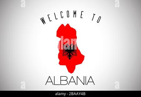 Albanien Willkommen bei Text und Landesflaggen in der Ländergrenzkarte. Albanien-Karte mit Nationalflaggen Vector Design Illustration. Stock Vektor