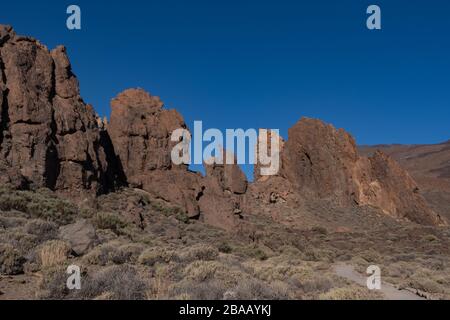 Blick auf Roques de García einzigartige Felsformation, Teide Nationalpark, Teneras, Kanarische Inseln, Spanien Stockfoto