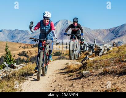 Mountainbiker auf der berühmten Monarch Crest Trail, entlang der Kontinentalen in Colorado Teilen, reiten in eine Spendenaktion für das Bündnis gegen Häusliche Stockfoto