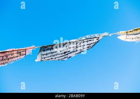 Zerrissene traditionelle buddhistische Gebetflaggen, die an einem windigen Colorado-Tag fliegen Stockfoto