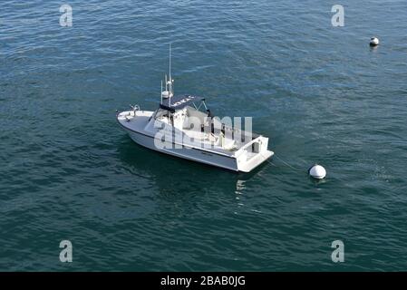 SANTA MONICA, CA/USA - 30. JANUAR 2020: Patrouillenboot im Hafen von Santa Monica im Pazifischen Ozean Stockfoto