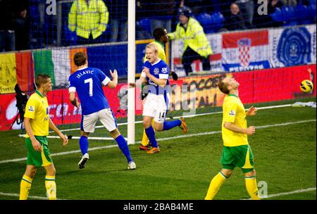 Evertons Steven Naismith (Center) feiert das erreichen des ersten Tores seiner Seite Stockfoto
