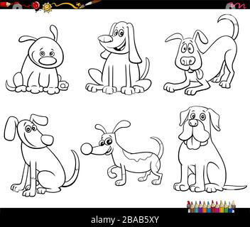 Schwarz-weißes Cartoon Illustration von Hunden und Welpen niedliche Tierfiguren Set Farbband Seite Stock Vektor