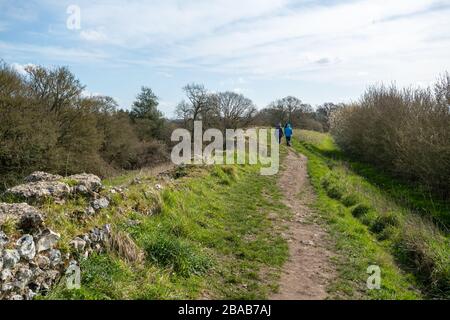 Menschen, die auf einem Fußweg um die Silchester Roman Town Wall in Hampshire, Großbritannien laufen Stockfoto