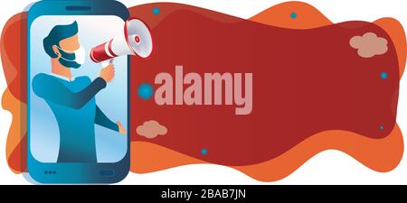 Mann mit medizinischer Maske, der auf einem Handy spricht und eine Ankündigung macht. Kampagne zur Vorbeugung von Infektionen durch Covid-19-Coronavirus. Quarantäne Stock Vektor