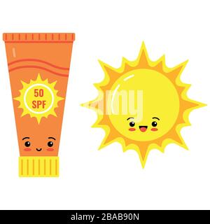 Emoji-Sonnenschutzflasche und süßes Sonnenvektor-Symbol isoliert auf weißem Hintergrund. Stock Vektor