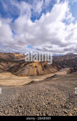 Blick auf den Fluss und Mäander zwischen den Bergen im Hochland Island Stockfoto