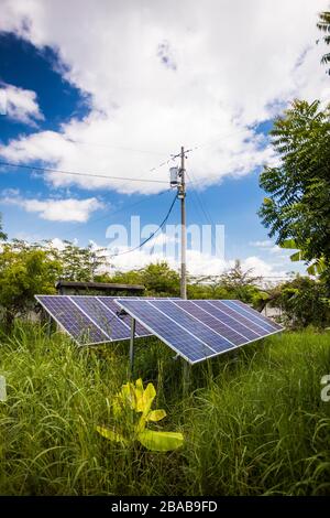 Solarmodule speisen Energie in das Stromnetz ein. Stockfoto