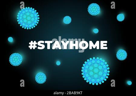 Bleib zu Hause, um die Verbreitung des Coronavirus-Slogans zu verhindern. Hashtag stayhome Infektion Epidemie Schutz Kampagne. Quarantäne-Poster mit Corona-Virus und Hash-Tag-Zitat-Vektor-Illustration Stock Vektor