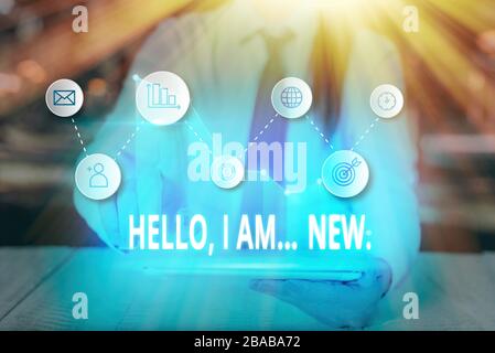 Schreiben Hinweis angezeigt Hallo ich bin neu. Business Konzept für Grußansagen oder Telefon Gespräch beginnen Stockfoto