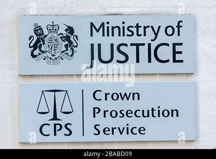 Justizministerium, Schild der Kronanwaltschaft, London, England, Großbritannien Stockfoto