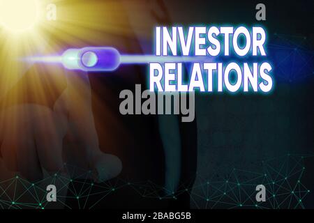 Handschriftertext zum Schreiben von Investor Relations. Konzeptionelle Verantwortung für das Fotomanagement, die Finanzierungen integriert Stockfoto
