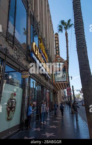 HOLLYWOOD, CA/USA - 27. JANUAR 2020: Das El Capitan Theatre auf dem Hollywood Walk of Fame und der Disney Store Stockfoto