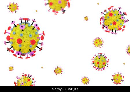 Coronavirus Zellen auf weißem Hintergrund mit Kopierraum. Gelb-rot mikroskopisch kleines 3D-Molekülimodell des Grippevirus. Stockfoto