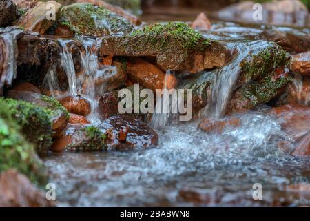 Streushwasser in der Wolfsschlucht bei Zwingenberg im vorderen und vorderen Kreis. Stockfoto