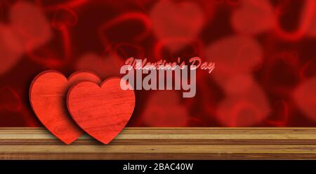 Rote Herzen auf Holztisch mit weichem romantischen Hintergrund. Valentines Tageskonzept. Stockfoto