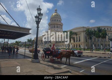 Pferdekutschenfahrten am Kapitolio-Gebäude, Havanna, Kuba Stockfoto