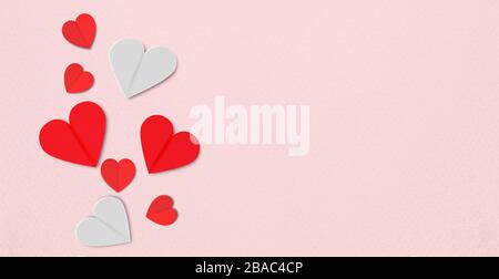Flat Lay Hearts on Pink paper background. valentines Day Concepts. Stockfoto