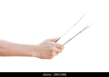 Handfest auf weißem Hintergrund isolierte Küchenzangen mit Schneideweg. Stockfoto