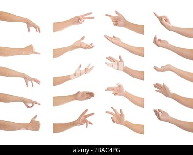 Sammlung von menschlichen Händen in mehreren Gesten isoliert auf weißem Hintergrund mit Beschneidungspfad. Stockfoto