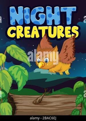 Szenenhintergrunddesign mit Wort-Nacht-Kreaturen mit Eule, die bei Nachtabbildung fliegen Stock Vektor