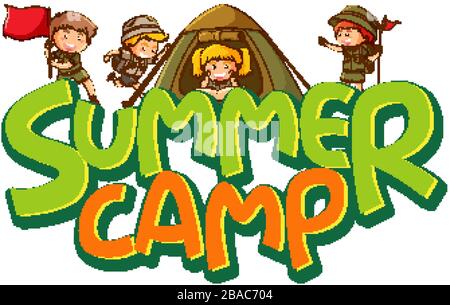 Schriftdesign für Word Summer Camp mit vielen Kindern in der Zelt-Illustration Stock Vektor