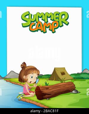 Szenenhintergrunddesign für Word Summer Camp mit Mädchen auf dem Camping-Illustration Stock Vektor