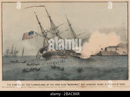 US-Bürgerkrieg, Schlacht von Hampton Roads, 8. März 1862, als die CSS Virginia fünf Schiffe der Union Angriff. Ihr erster Todesstoß war die "USS Cumberland", die unterhalb der Wasserlinie gerammt wurde und mit 121 Seeleuten schnell sank. Als Nächstes griff sie den USS-Kongress an und tötete 120 Seeleute. Drei weitere Schiffe der Gewerkschaft liefen auf Grund, um dem Beschuss zu entgehen. Insgesamt wurden 400 Gewerkschaftsmänner getötet, 2 Schiffe verloren, 3 Behinderte. Der 8. März war der schlimmste Tag der US Navy bis zum Angriff des zweiten Weltkriegs auf Pearl Harbor (BSLOC 2018 8 27)
