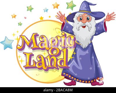 Schriftdesign für Word Magic Land mit Zauberer und Mond-Illustration Stock Vektor