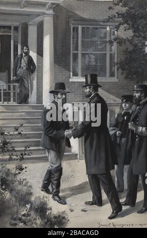 Präsident Abraham Lincoln und Admiral David Porter besuchen Ende März 1865 Gen. Ulysses Grant, da die Belagerung von Petersburg kurz vor der Pause stand, gefolgt von der Einnahme von Richmond, der Hauptstadt der Eidgenossen nahe dem Ende des US-Bürgerkriegs (BSLOC 2019 5 92)