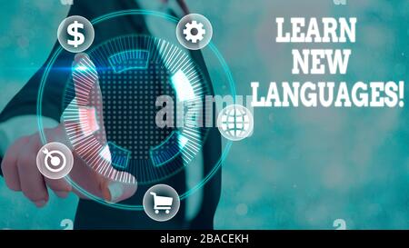 Schreiben Hinweis zeigen, lernen Sie neue Sprachen. Business Konzept für die Entwicklung der Fähigkeit in fremder Sprache zu kommunizieren Stockfoto