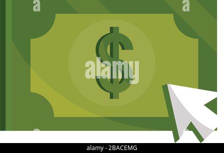 Zahlungen online, Banknotengeld bar Klicken Vektor Illustration flacher Symbolschatten Stock Vektor