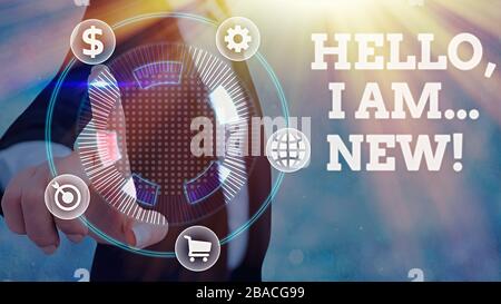 Schreiben Hinweis angezeigt Hallo ich bin neu. Business Konzept für Grußansagen oder Telefon Gespräch beginnen Stockfoto